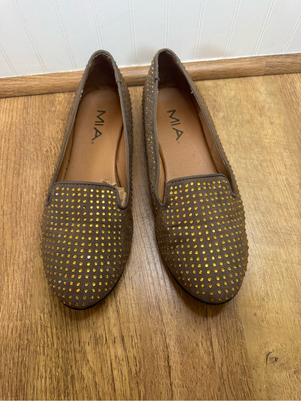 MIA Brown Suede-Look Studded Slip-On Loafers Size 8